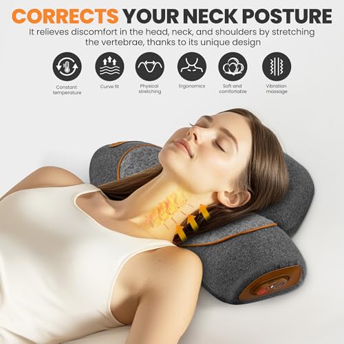 Svxhaoy 3-in-1 Neck Massage Pillow—with Heat, Massage, and Traction Stretching,Deep Tissue Massage Relieves Shoulder and Neck Muscle Pain and Stiffness,Suitable for Men and Women, Grey