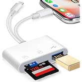 SD Card Reader for iPhone iPad, hua xun yuan Memory Card Reader Built-in Dual Port Connector Card Adapter with SD/MicroSD/USB-A 3 Slots, No App Required, Plug and Play