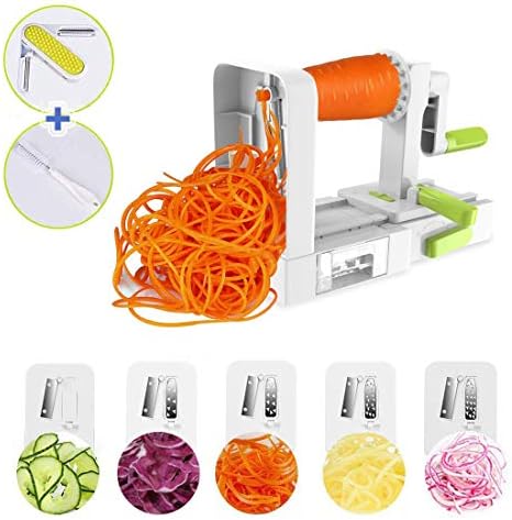Spiralizer Vegetable Slicer, Domserv 5 Blades Vegetable Noodle Maker, Foldable Spiral Slicer for Zucchini, Veggie Pasta Spaghetti Maker (with a Peeler and Cleaning Brush) 2018 New Model