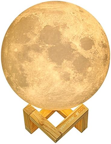 3D Printed Moon Lamp Home Decor Accent Light by VENTURA GOODS - 5.7 inch diameter, Three Color Tones with Wooden Stand, USB Rechargeable, Touch Control, Perfect Desk Lamp and Baby Nursery Night Light