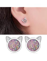 WISHMISS - Pendientes de plata de ley con diseño de gato hipoalergénico para mujer con arcoíris