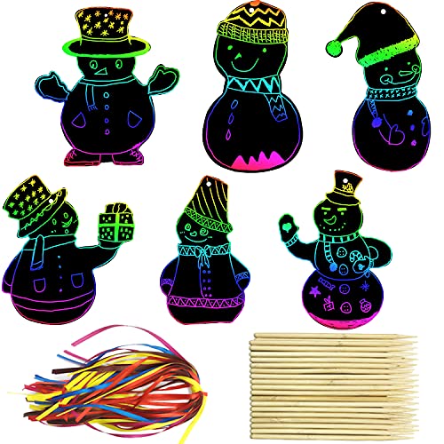 PARSUP 72Pcs Christmas Snowman Scratch Paper Rainbow Color Scratch Ornaments Christmas Decorations Hanging Craft Art Kits with Wooden Stick and Ribbon for Kids Christmas Winter Party Favors