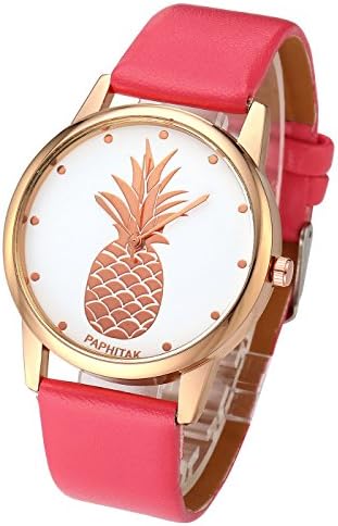 Women Fashion Rose Gold Tone Quartz Analog Watch PU Leather Strap Pineapple Pattern 3ATM Waterproof Casual Wrist Watch