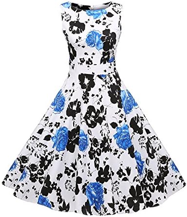FMU Women's Vintage 1950's Floral Sleeveless Party Cocktail Dress Prom Dresses Blue M