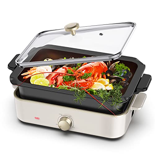 Electric Skillet Grill Combo Multifunctional Griddle with 2 Tempered Glass Vented Lid and 4