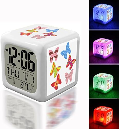 Wake Up Alarm Thermometer Night Glowing Cube 7 Colors Clock LED for Bedroom&amp;Table,School Desk Customize- 061.Butterfly, Butterflies, Pattern, Patterns, Decorative