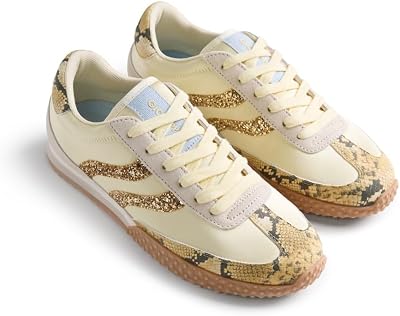 SHAMUD - Zapatillas Deportivas con Piel, Estampado de Serpiente, Detalles Brillantes, Suela Flexible, Plantilla Acolchada y Plataforma, Color Amarillo, Talla 35