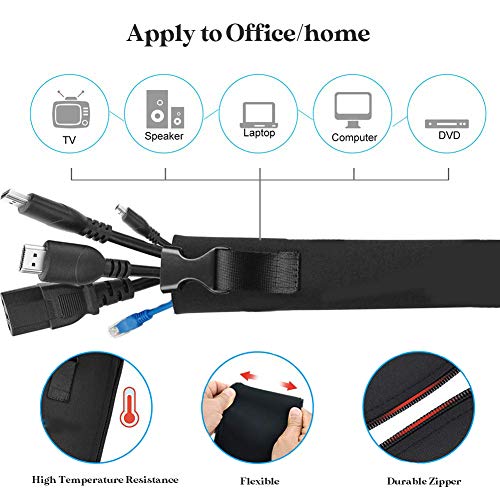 Premium 4 Pack Cable Management Sleeve with 5 Pieces Cable Tie, Adjustable Cord Organizer Cable Wrap Wires Cover Sleeves Wraps Wire Hider System with Zipper and Buckle for Desk Home Office Computers
