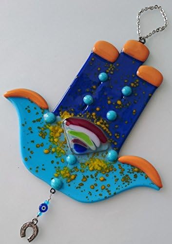 Gorgeous Blue &amp; Orenge HAMSA Fused Glass 17 CM With a Metal Horseshoe Judaica HANDCRAFTED Wall Hanging High Quality Finish