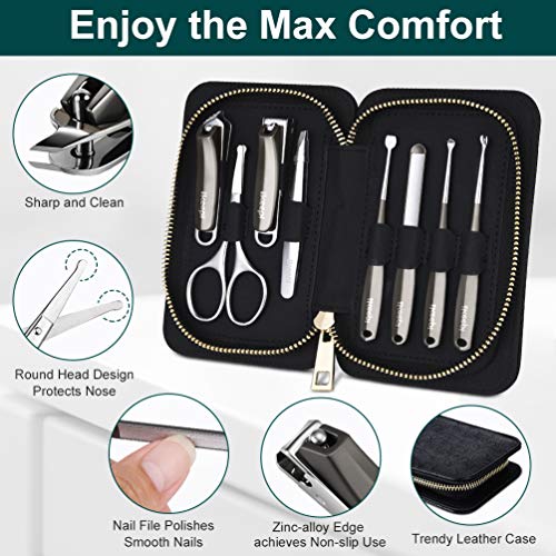 ikeepi Manicure Nail Clippers Pedicure Kit with Luxury Leather Case, Portable Stainless Steel Nail Cutter Fingernails & Toenails, Non-slip Grooming Kit for Hand Care, Facial Care, Foot Care, Set of 8