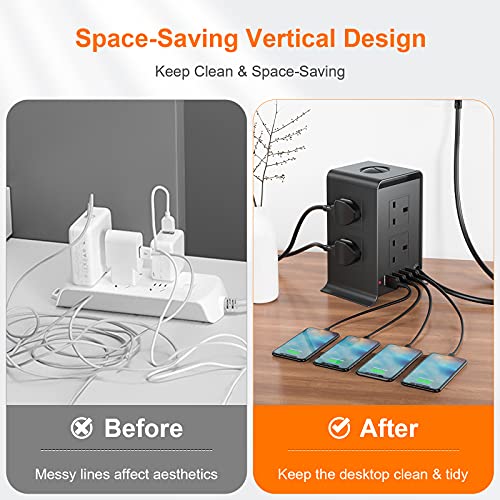 bedee Tower Power Strip Extension Cord, 8 Way Outlets 4 USB Ports Tower Extension Lead with Surge Protection Overload Protection