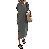 Yousify Women's Summer Maxi Dress T-Shirt Cap Sleeve Crewneck Casual Loose Slit Side Long Beach Vacation Dresses