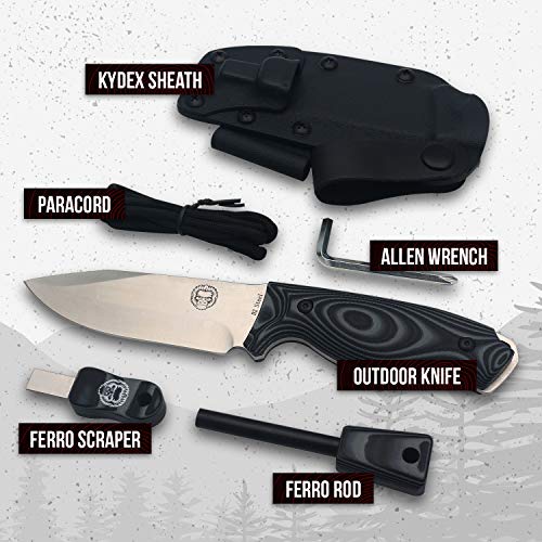 Survival Camping Knife | Fixed Blade Hunting Knife with Sheath | Bowie Knife with Fire Starter, G10 Scraper & Paracord | Bushcraft Outdoor Military Knife |Full Tang Tactical Survival Knife Kit in Box