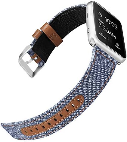 iHillon Bands Compatible with Apple Watch 42mm/44mm 38mm/40mm Series 5 Series 4 Straps, Classic Canvas Fabric Genuine Leather Wristbands Black Silver Buckle Compatible with iWatch Series 3/2/1