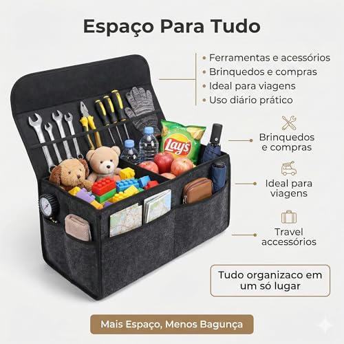Organizador De Porta-Malas Premium Em Feltro Cinza, Grande Capacidade, Antiderrapante, Dobrável, Portátil Com Alça, Para Armazenar Ferramentas, Brinquedos, Acessórios E Viagens, Marca VARENZIA
