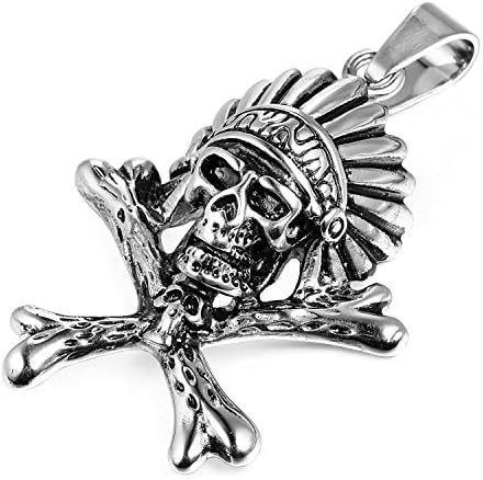 MENDINO Mens Pendant Necklace Stainless Steel Necklace Indian Chiefs Skull Cross Silver with a 22 Inches Link Chain
