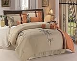 Chezmoi Collection 7-Piece Kariya Embroidery Bamboo Comforter Set, California King, Rust/Light Taupe