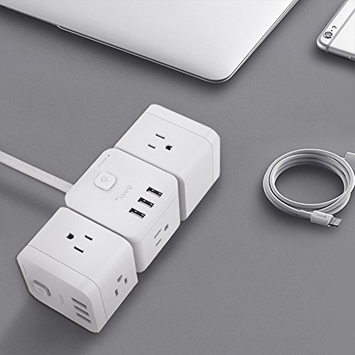 BULL Smart Power Strip Surge Protector with Rotating Flat Plug, USB charging station for desktop, nightstand and more, 3 USB 3AC Outlets Cubic Space Saving Design, 1875W, with 14AWG 5ft Extension Cord