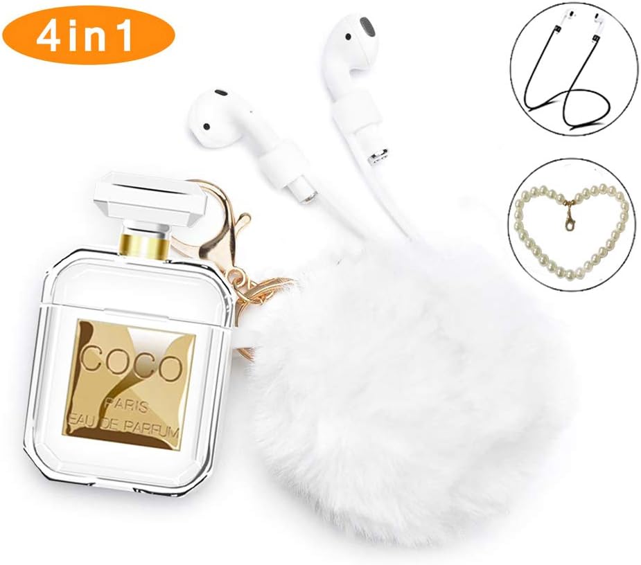 Compatible for Airpods Case, Perfume Bottle Case Shockproof with Cute Fur Ball Keychain Pearl for Airpods 2&1