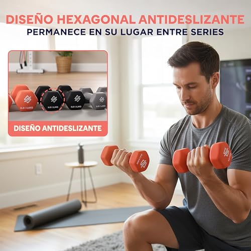 Squatz Set de Mancuernas con Soporte 14.5kgs, Pesas de Neopreno Antideslizantes Hexagonales, Juego de Dumbbells para Fitness, Entrenamiento, Yoga y Ejercicio en Casa