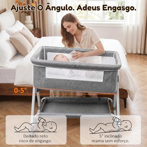 OLANENEM 6 em 1 Berço Portátil, Berço Moisés com Fraldário e Mosquiteiro, Berço Acoplado à Cama com Suporte Triangular de Aço Carbono, 6 Alturas e Inclinação Antirrefluxo 5°(Cinza)