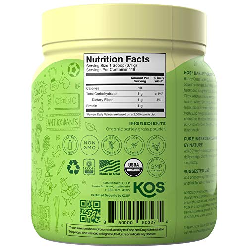 KOS Organic Barley Grass Powder | Non-GMO, Raw Barley Grass Powder | Fiber Rich, Antioxidant Heavy USDA Organic Plant Based Ingredient, 369g, 118 Serving