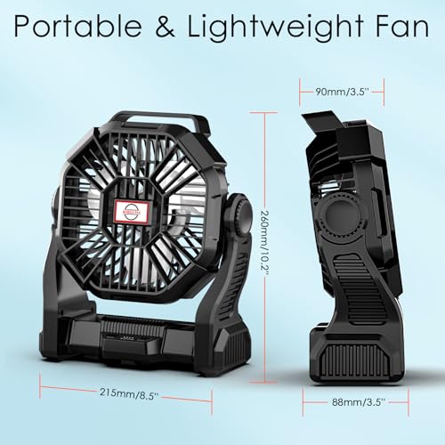 Sendowtek Camping Fan, Wireless Fan 10400mAh, Rechargeable Battery Fan with LED Light and Hook, 4 Wind Speed for Tent Sleeping Outdoor, Indoor