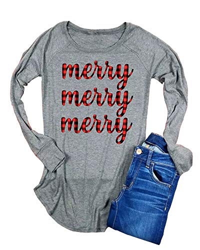 Beopjesk Women's Buffalo Plaid Tees Casual Long Sleeve Merry Letter Print Graphic Blouse Tops Chirstmas Gift (S, Grey)