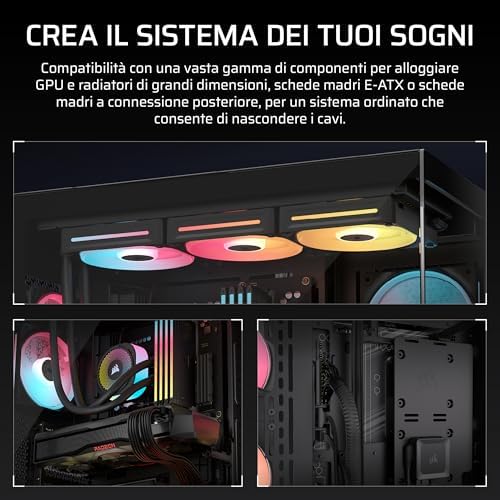 3500X LX-R RGB iCUE LINK Case PC Mid-Tower Panoramico – 3 Ventole LX120-R RGB Preinstallate, Include Hub di Sistema iCUE LINK, Fino a 10 Ventole da 120mm – Nero