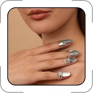 4Pcs Vintage Nail Rings Set, Adjustable Punk Crystal Nail Guard Rings with Tree of Life & Snake Design, Gothic Stackable Fing