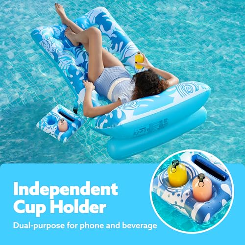 Sloosh Inflatable Pool Float Adult - Tropical Leaves Pool Floaties Lounger with Adjustable Backrest Cup Holders, Sun Tanning Float Rafts Floating Chair Pool Beach Lake Lounge Above Water Keep Cool
