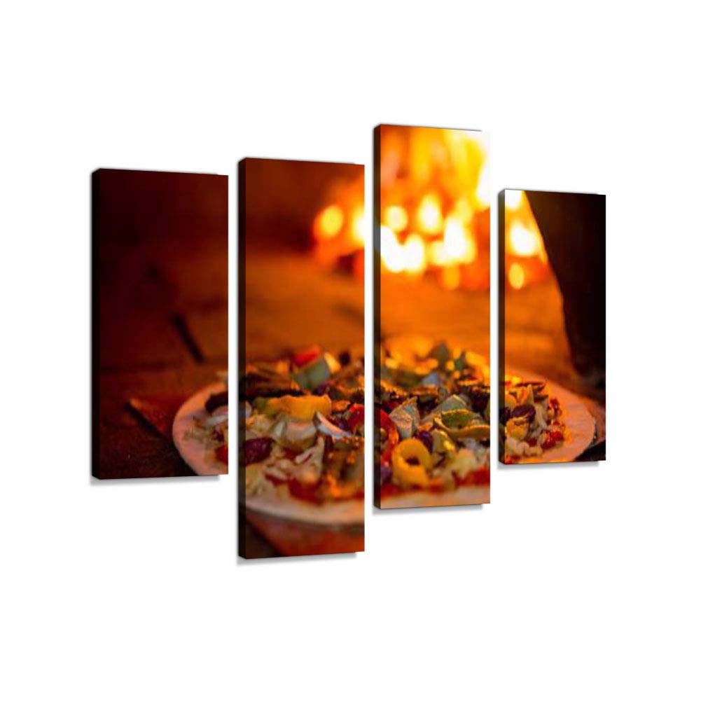 Delicious Vegetarian Pizza Going into a Wood fire Oven Canvas Wall Art Hanging Paintings Modern Artwork Abstract Picture Prints Home Decoration Gift Unique Designed Framed 4 Panel