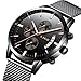 Watch Men Casual Stylish Stainless Steel Watch with Milanese Mesh Band, Waterproof Black Multifunctional Watch for Men