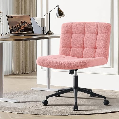 Furnimart Swivel Criss Cross Legged Chair with Wheels for Home Office, Wide Armless Desk Chair Height Adjustable Comfy Seat for Desk,Vanity, Bedroom, Faux Fur Pink