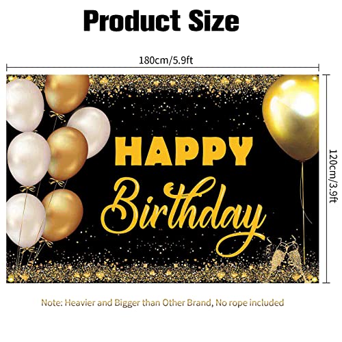Happy Birthday Backdrop Banner 5.9x3.9 FT Extra Large Black and Gold Sign Poster for Birthday Anniversary Party Decoration Supplies, Style B