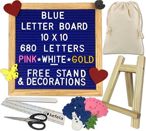 Blue Felt Letter Board 10x10 - Stand, Decorations, Bag, Scissors, File, Guide - Vintage Oak Frame &amp; 680 Changeable Pink White Gold Letters - For Announcements, Gift, Photo Prop, Quotes, Toy, etc.