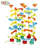 JOYIN 154Pcs Marble Run Premium Toy Set, Construction Building Blocks Toys for STEM Education (104 Plastic Pieces + 50 Glass Marbles)