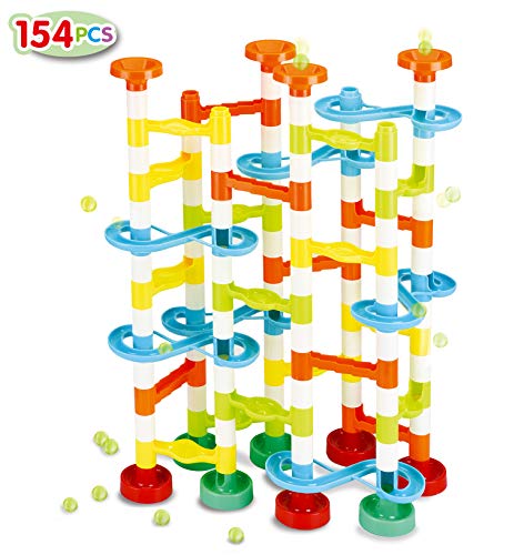 JOYIN 154Pcs Marble Run Premium Toy Set, Construction Building Blocks Toys for STEM Education (104 Plastic Pieces + 50 Glass Marbles)