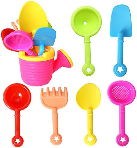 7PCS Sprinkler Beach Toys Set Shovels, Rakes, Net, Funnel, Ladle Sand Bucket Toys Party Favors for Kids(K2-6001)