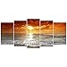 Wieco Art Grand Sight Extra Large 5 Panels Modern Landscape Artwork HD Seascape Giclee Canvas Prints Sea Beach Pictures to Photo Paintings on Canvas Wall Art for Home Decorations Wall Decor