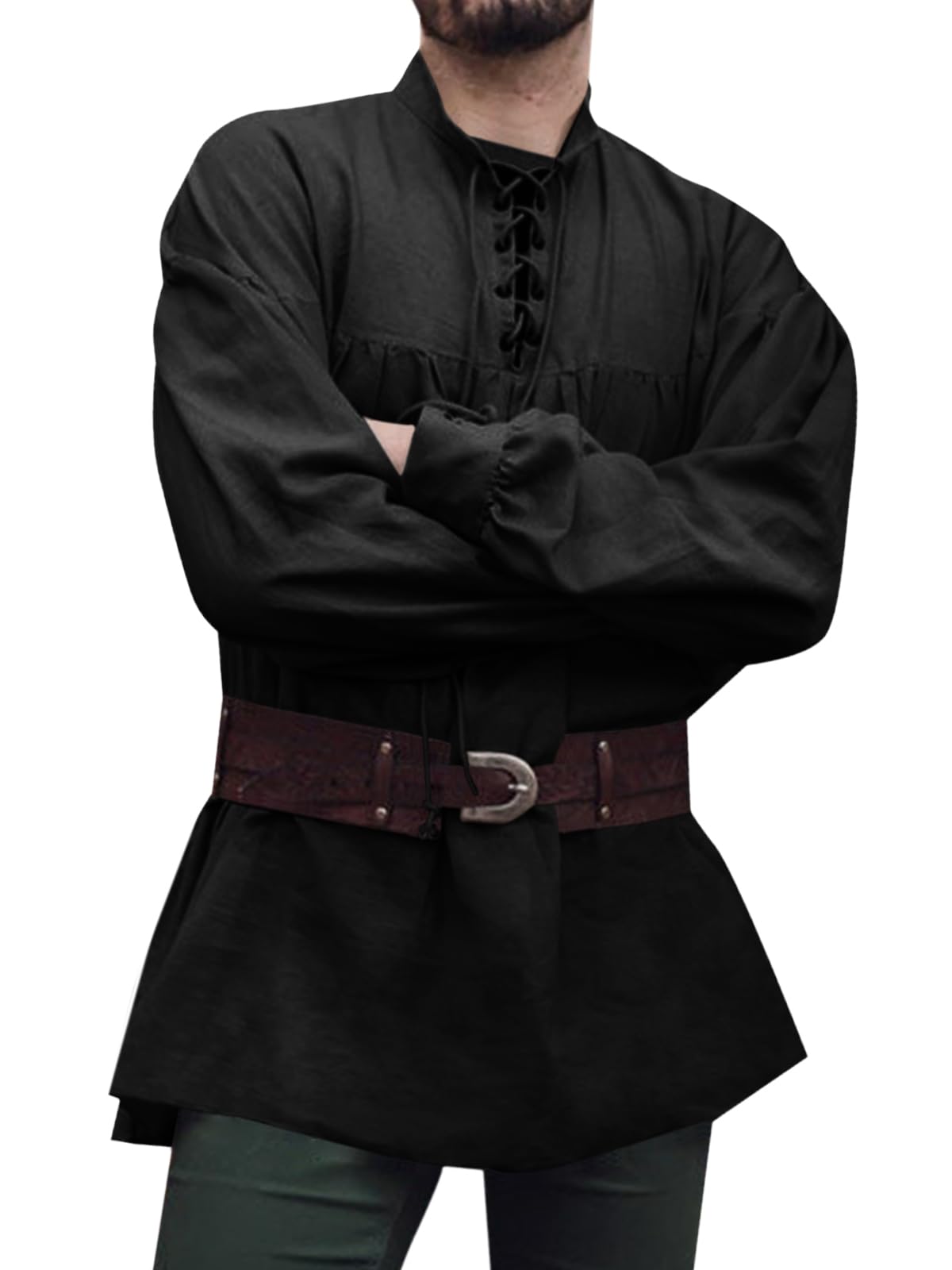 Runcati Medieval Shirt Men's Pirate Shirt Long Sleeve Steampunk Viking Renaissance Victorian Halloween Costume Shirt Tops, black, XXL