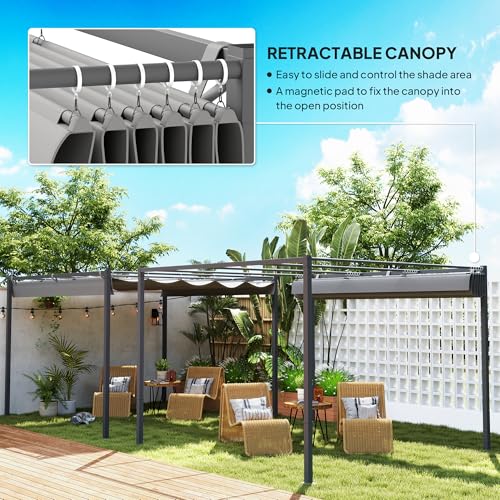 Outsunny 10' x 10' Outdoor Gazebo, Retractable Pergola Canopy with Magnetic Fixture, Free Standing Metal Pergola Kit, UPF30+ Sun Shade Shelter, Grey