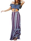 Berrygo Women's Boho High Waist Split Printed Ruffled Mermaid Loose Wrap Cotton Summer Beach Long Maxi Skirt,Print4,One Size