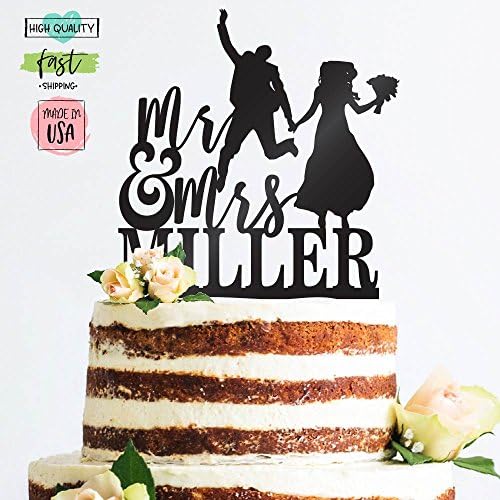 Amazing Items Personalized Wedding Cake Topper Customized Last Name Mr. Happy Groom and Mrs. Happy Bride 4 Color Type and 23 Colors Design 8 (Solid Colors)