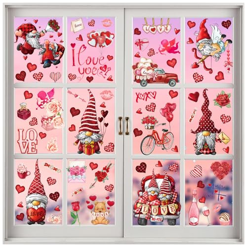 QNTCCX 9-Sheet Valentine's-Day Window Clings - Pink Gnomes Decor, Double-Sided Decals for Home, School, Office - Party Supplies Included for Festive Decoration