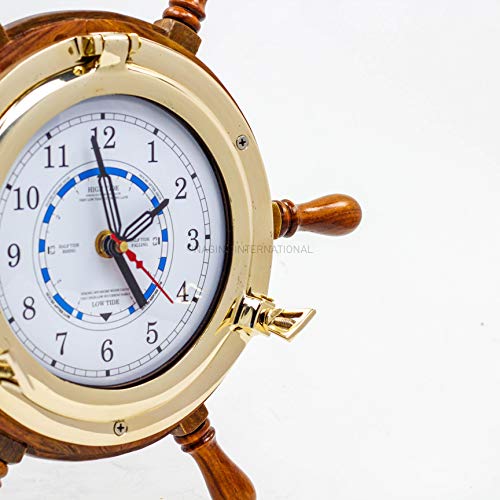 14" Authentic Nautical Time Tide Clock Porthole Ship Wheel Navy