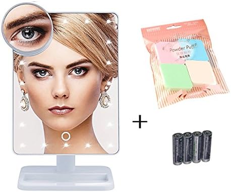 PINGGE US -New Makeup Mirror, FLYMEI Touch Screen 20 LED Lighted Vanity Mirrors with Removable 10x Magnifying Mirrors Adjustable Stand Desk Mirror with Lights, Include AA Batteries (White)