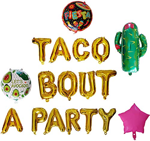 Cheapest Prices! Exclusive party supplies. Taco bout a party Foil Balloons set. (18 pieces) Cactus balloon, taco party decorations, taco twosday birthday party, banner (Gold)