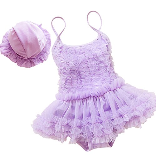 MingAo Girls Lace Flower Tutu One Piece Swimsuit Dress+Hat 1-9 Years