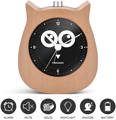 Inhome Alarm Clock-Fibisonic Silent Wooden Animal Analog Snooze Small Cute Owl Desk Quartz Clock with Nightlight--Best Gifts for Kids and Heavy Sleepers